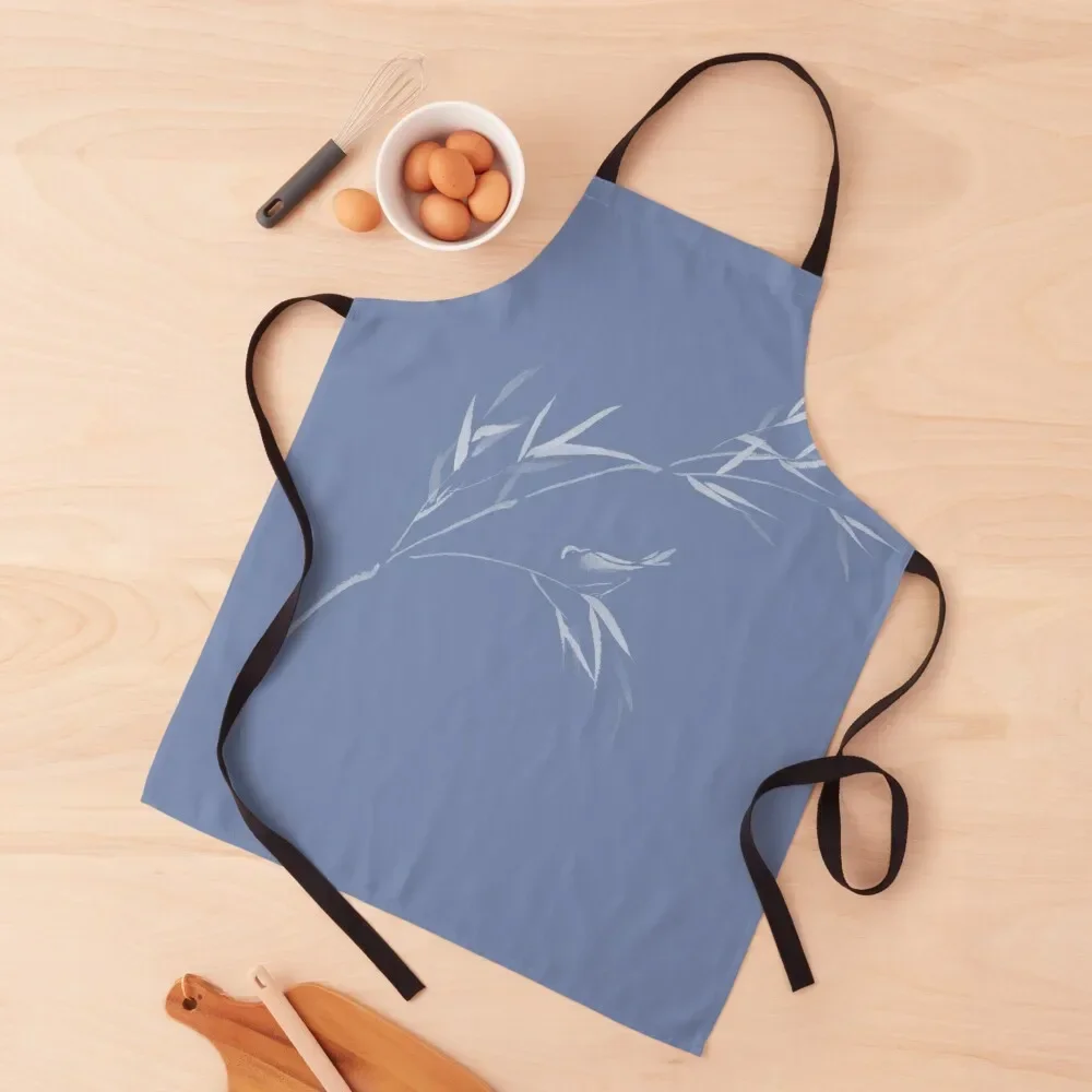 

Bird perched on bamboo branch light blue background minimalistic floral design in oriental Zen style art print Apron