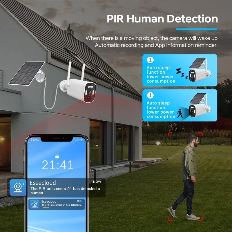 Câmera solar wi-fi ao ar livre pir detecção humana câmeras ip de vigilância sem fio com painel solar recarga bateria kit câmera