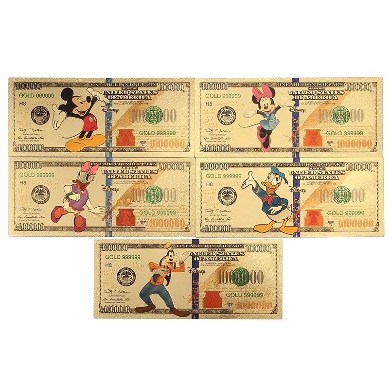 Disney Mickey Minnie Donald Duck Daisy Figure Figurine Collection Gold Commemorative Banknote Cartoon Gifts Toys For Children
