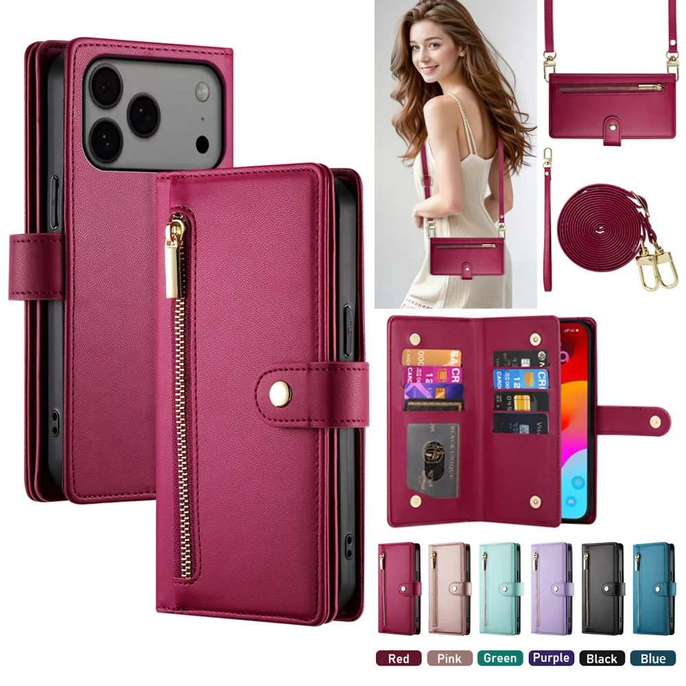 9-Karten-Leder-Reißverschluss-Klapphülle für iPhone 17 Pro Max 16 15 14 13 Mini 14 Plus iPhone 15 16e iPhone Air 2025 Wallet Cover Fundas