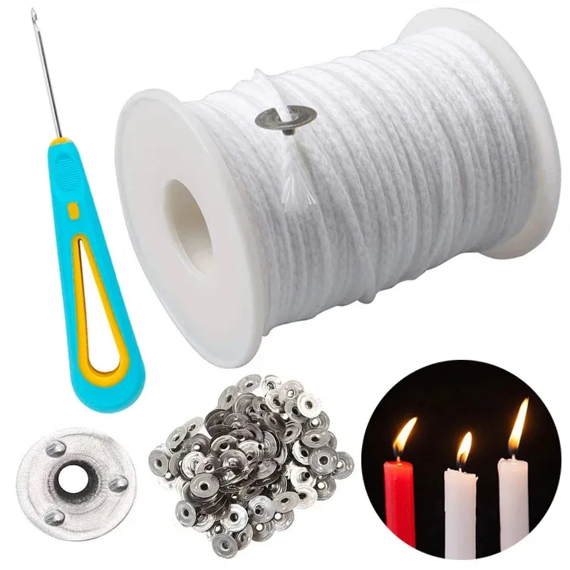 100Pcs Candle Holder 61m Cotton Candle Wick Smokeless Aromatherapy Cylindrical Candle Thread Candle Making Kit DIY Candle Maker