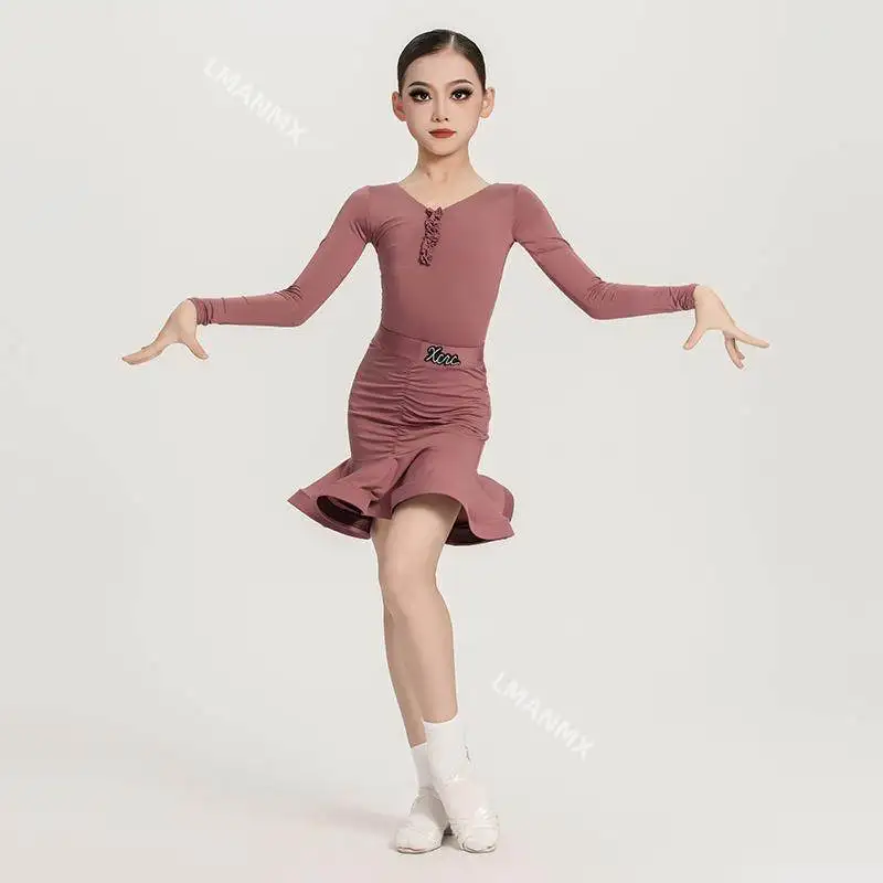 

Children's Latin Dance Dress, Girls' Long Sleeve Practice Training Dress, Split Set 2025 New Style