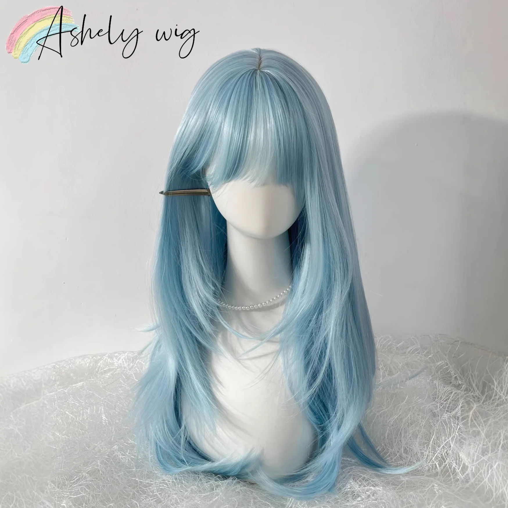 

Baby Blue Wig with Bangs 24inch Long Straight Hair Wig High Temperature Fibers Cute Lolita Synthetic Wigs for Daily Use Cosplay