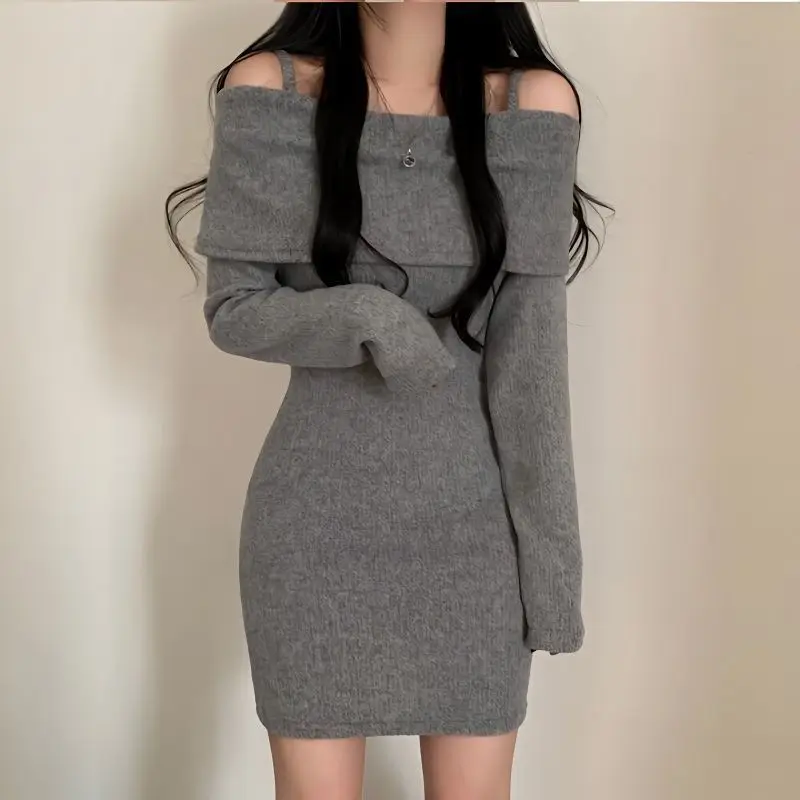 Autumn Winter Off Shoulder Dresses Slim Elegant Bag Hip Female Clothing Solid Color Basic Knitted Long Sleeve Waist Mini Dress