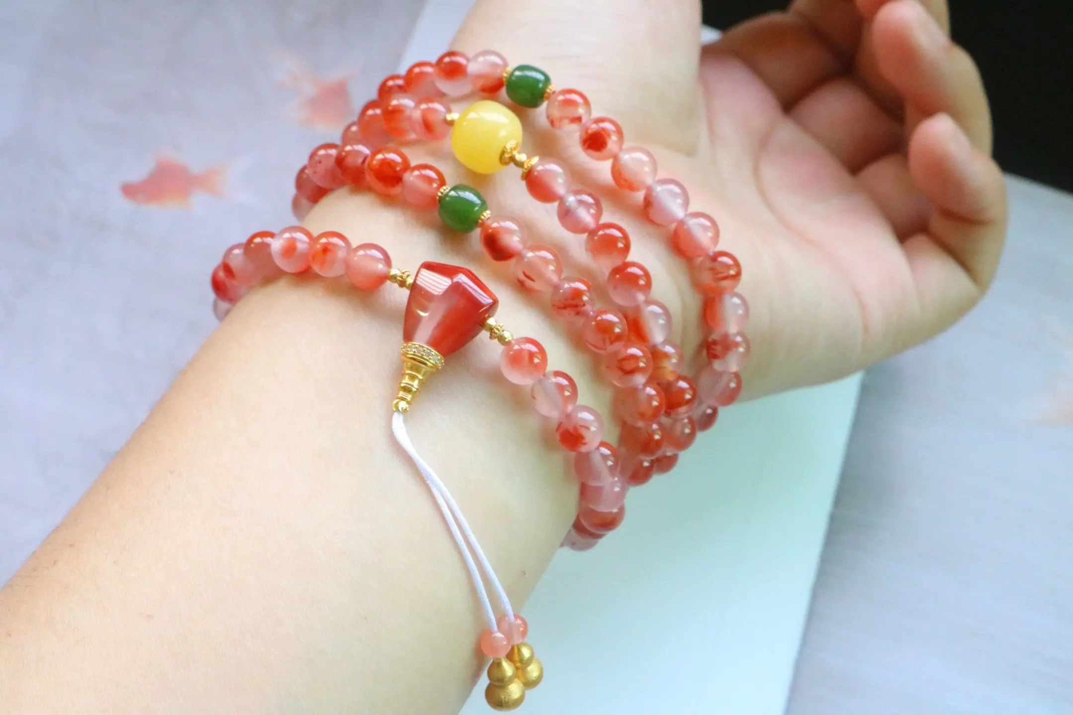 108 Ice Agate Buddha Bead Bracelet, High Ice White Base Floating Red, Amber Jade Red Agate, Chinese Gemstone Jewelry Gift