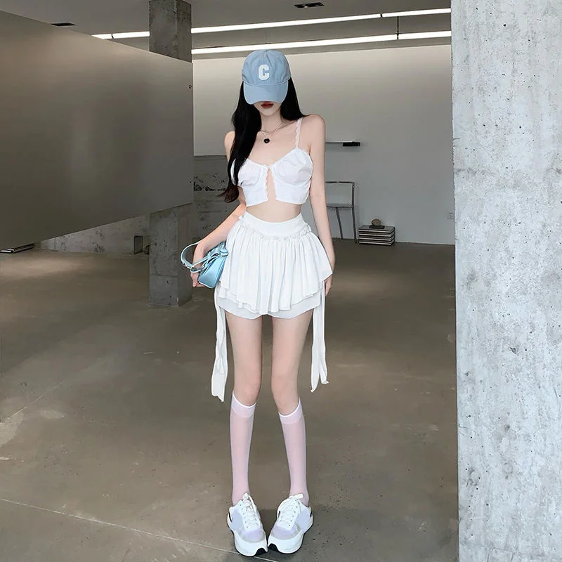 White Blue Chiffon Short Kawaii Skirt A-Line Ruffles Casual Mini Skirt Beach Summer