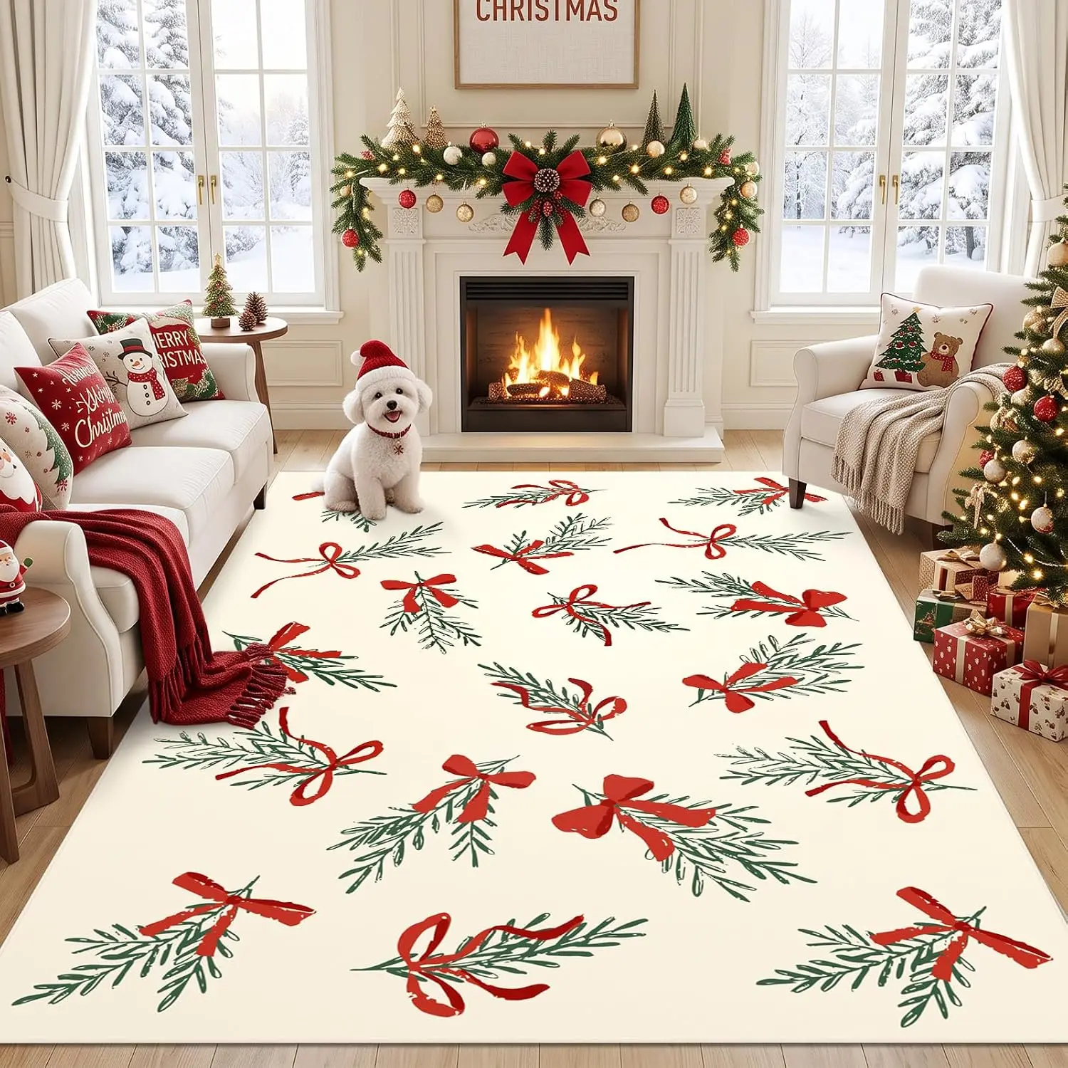 1pc 2D Flat White Background Winter Snow Village House Christmas Tree Printed Floor Mat, Decorative Rug for Living Room,Home