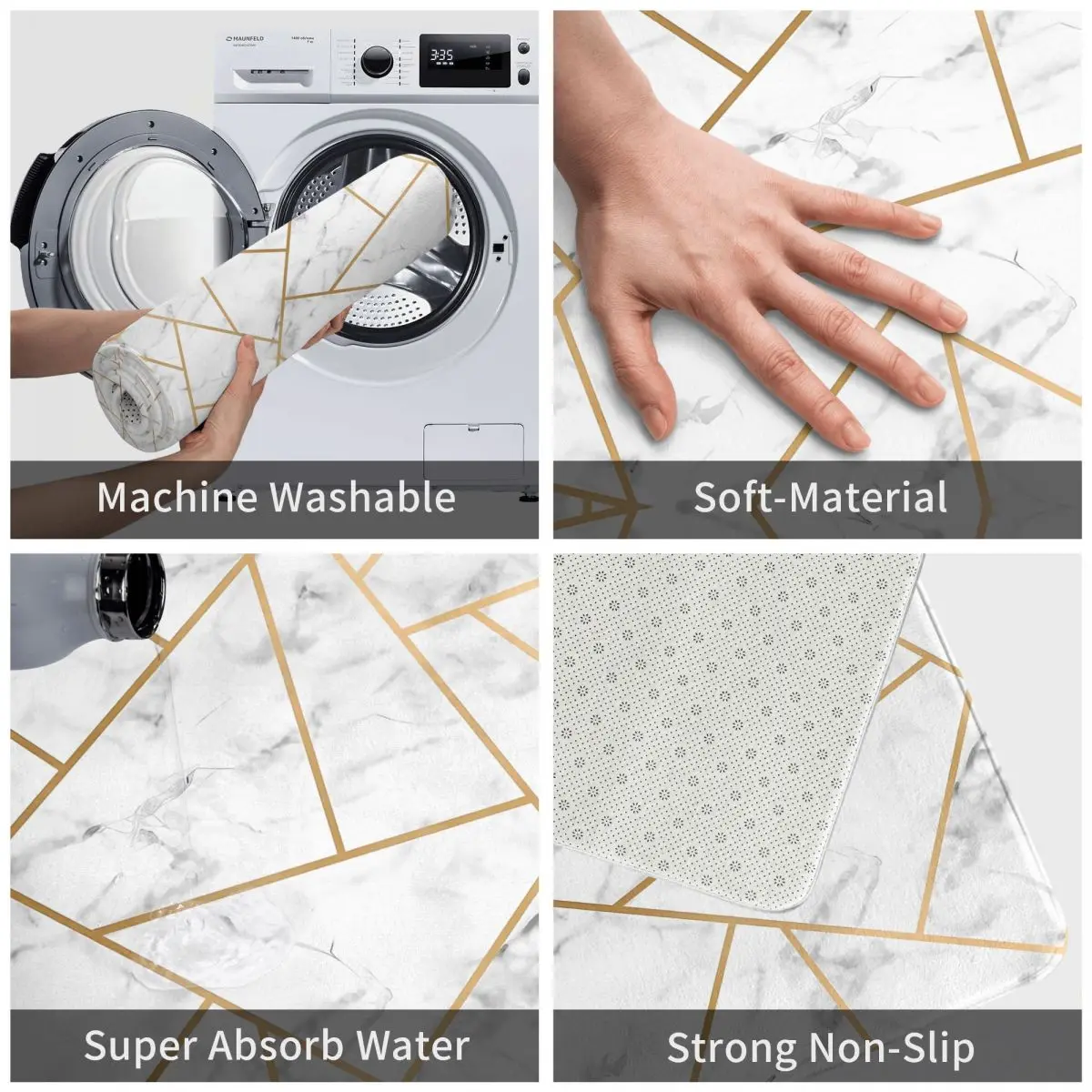 Geometric Lines Bath Mat White Marble and Gold Protective Toilet Pad Kitchen Shower Door Anti-Slip Foot Mat Bathroom Carpet