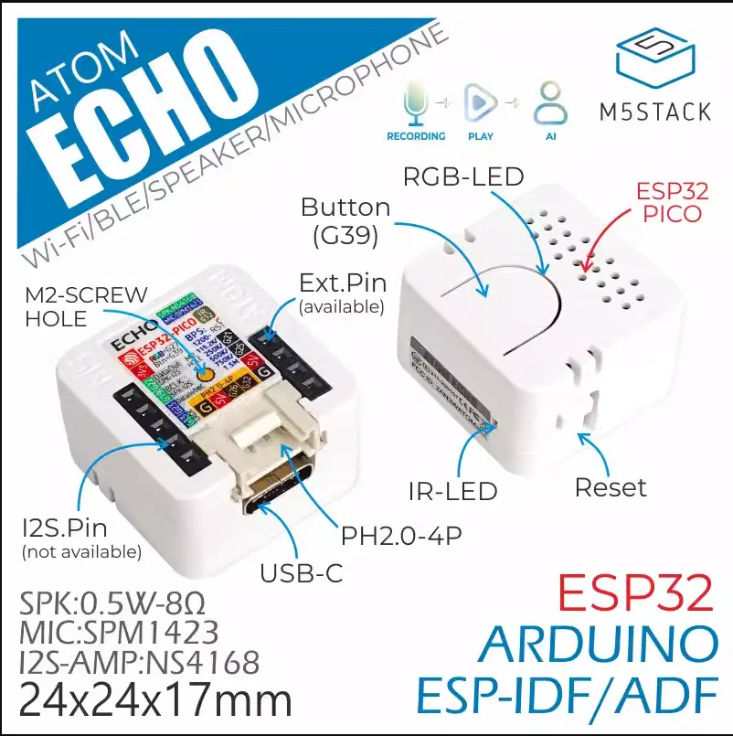 مكبر صوت ذكي M5Stack ATOM eo قابل للبرمجة ، مدمج خفيف الوزن ، يدعم خدمة STT ، مدمج ESP32 ، بلوتوث ، واي فاي إنترنت