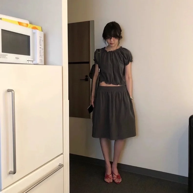 2025년 여름 베이비 오트 스웨트 및 A라인 스커트 세트, 우드 라인 러플 밴딩 허리, 한국 스타일 여성용 패션 세트