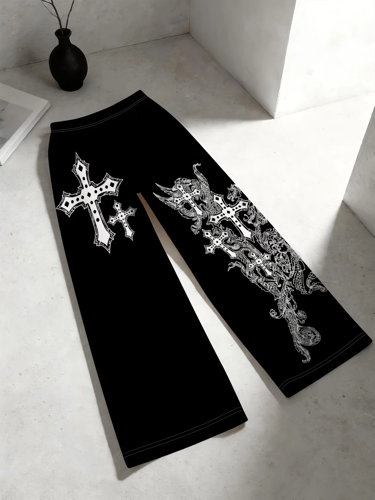 2026 Summer New Trend Men's Loose Quick Dry Pants Black Gothic Cross Jesus Print Hip Hop Street Fashion Trousers for Daily Wear