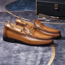 Luxury Mens Handmade Genuine Leather Loafers with Metal Chain Comfortable Slip-On Dress Shoes for Wedding Party Casual Wear