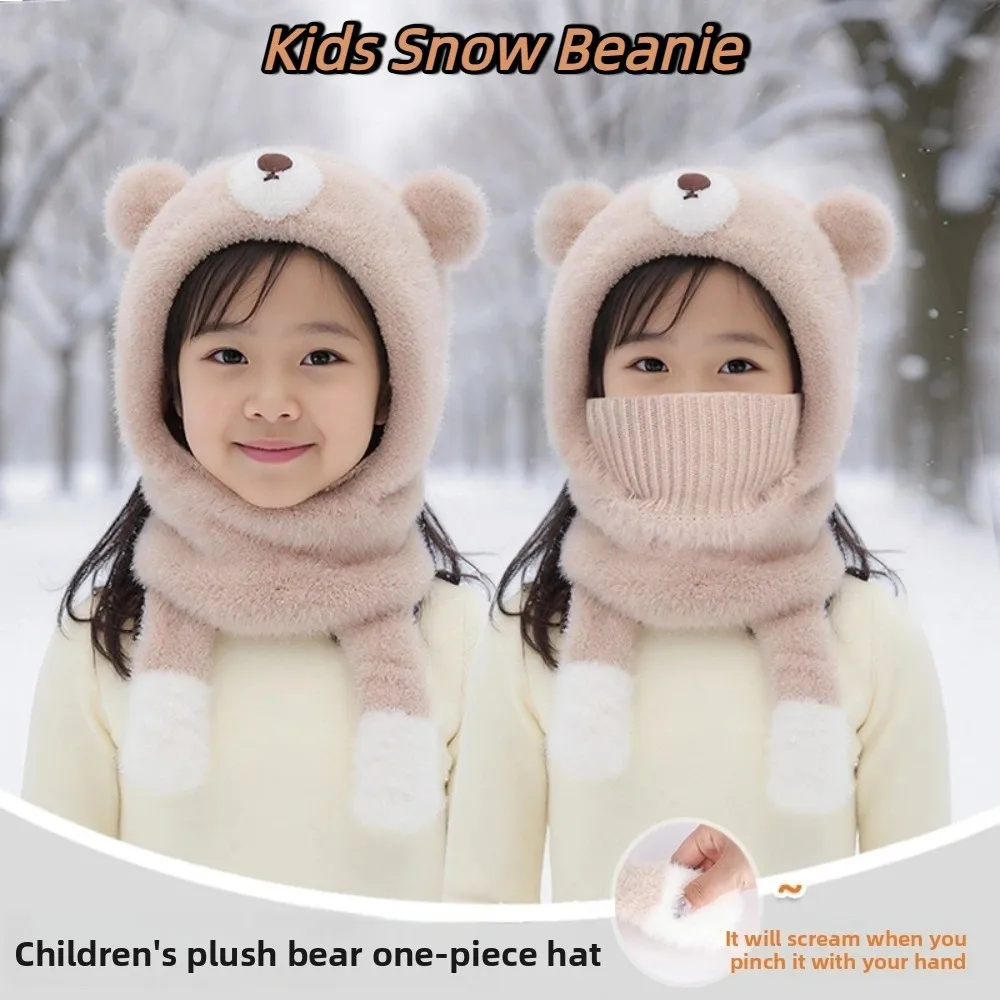 

Elastic Children Pullover Cap Trendy Korean Style Kids Snow Beanie Soft Small Bear Knitted Mask Hat for 4-10Years Old