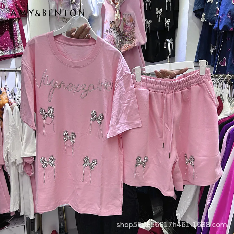 

Heavy Industry Hotfix Rhinestone Butterfly Tassel Loose Short Sleeves T-shirt Top + Elastic Waist Wide Leg Shorts 2pcs Outfits