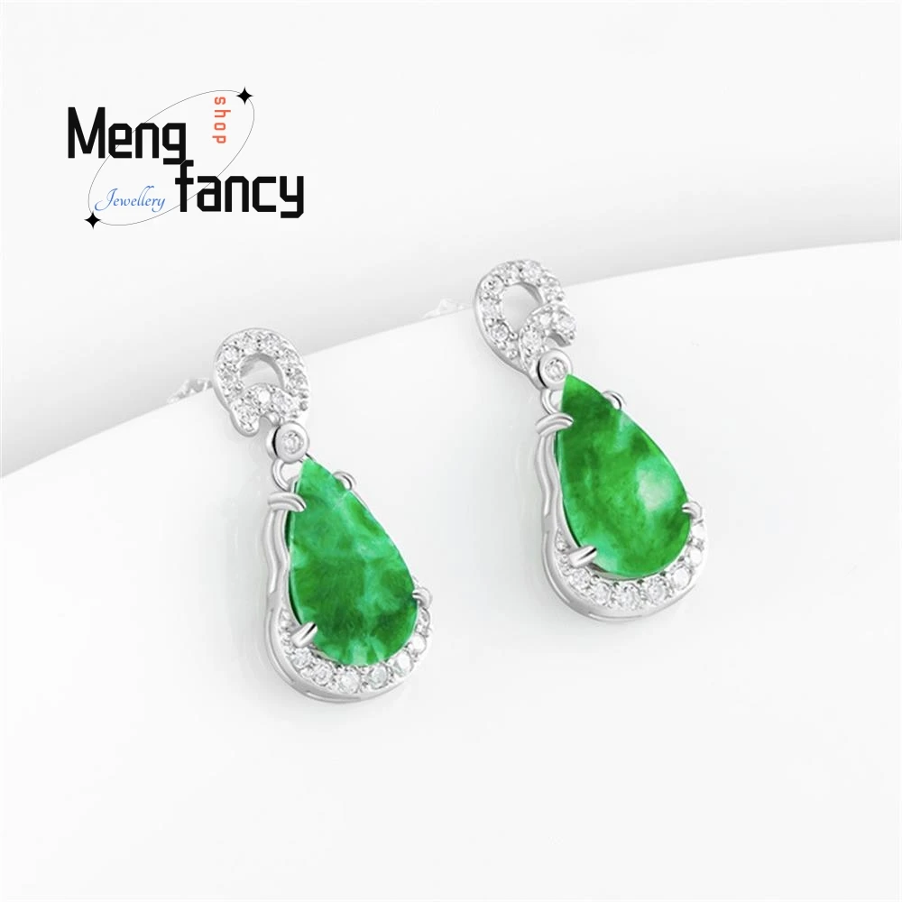 

S925 Silver Inlaid With Natural A-goods Jadeite Water Drop Azure Ice Jade Earrings Fashion Women's Models Jewellery Holiday Gift