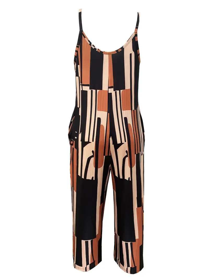 Plus Size Colorblock Jumpsuit - Wide Leg, Chic Geometric Design, Pockets, Easy-Care Knit for  Summer