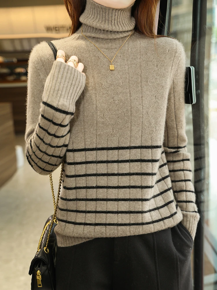 

100% Merino Wool Women's High Collared Pullover Autumn Winter Thick Casual Fashion Knitted Cashmere Striped Sweater