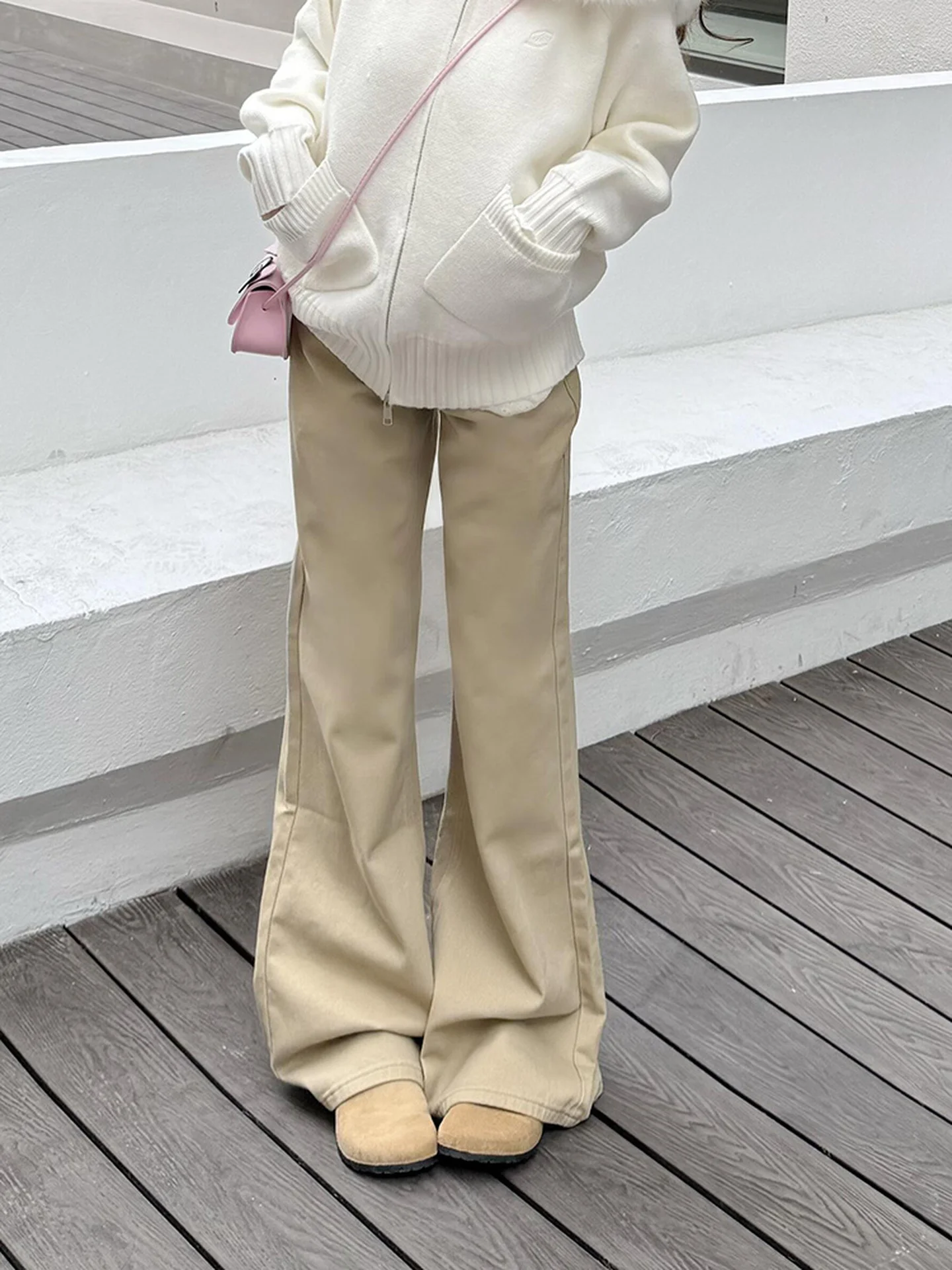 กางเกงยีนส์ผู้หญิงทรงหลวมสไตล์วินเทจอเมริกัน สีกากี ขอบเอวสูง ขากว้าง ช่วยให้ดูผอม  คอลเลคชั่นใหม่ ฤดูใบไม้ร่วง ฤดูหนาว