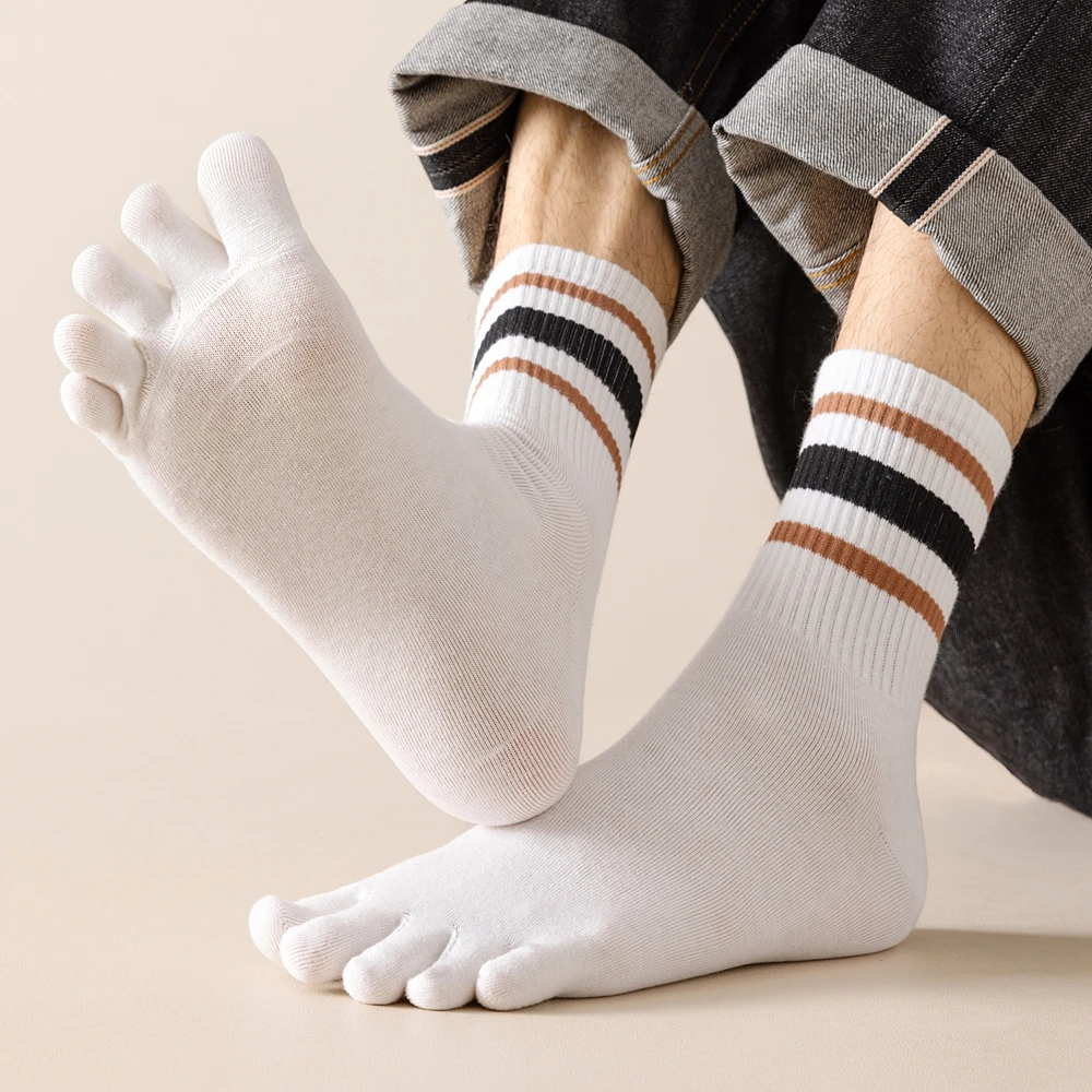 5 Pairs Men Five Toe Socks with Separate Fingers Mid Tube Five Finger Socks Striped Cotton Sports Socks Summer High Quality