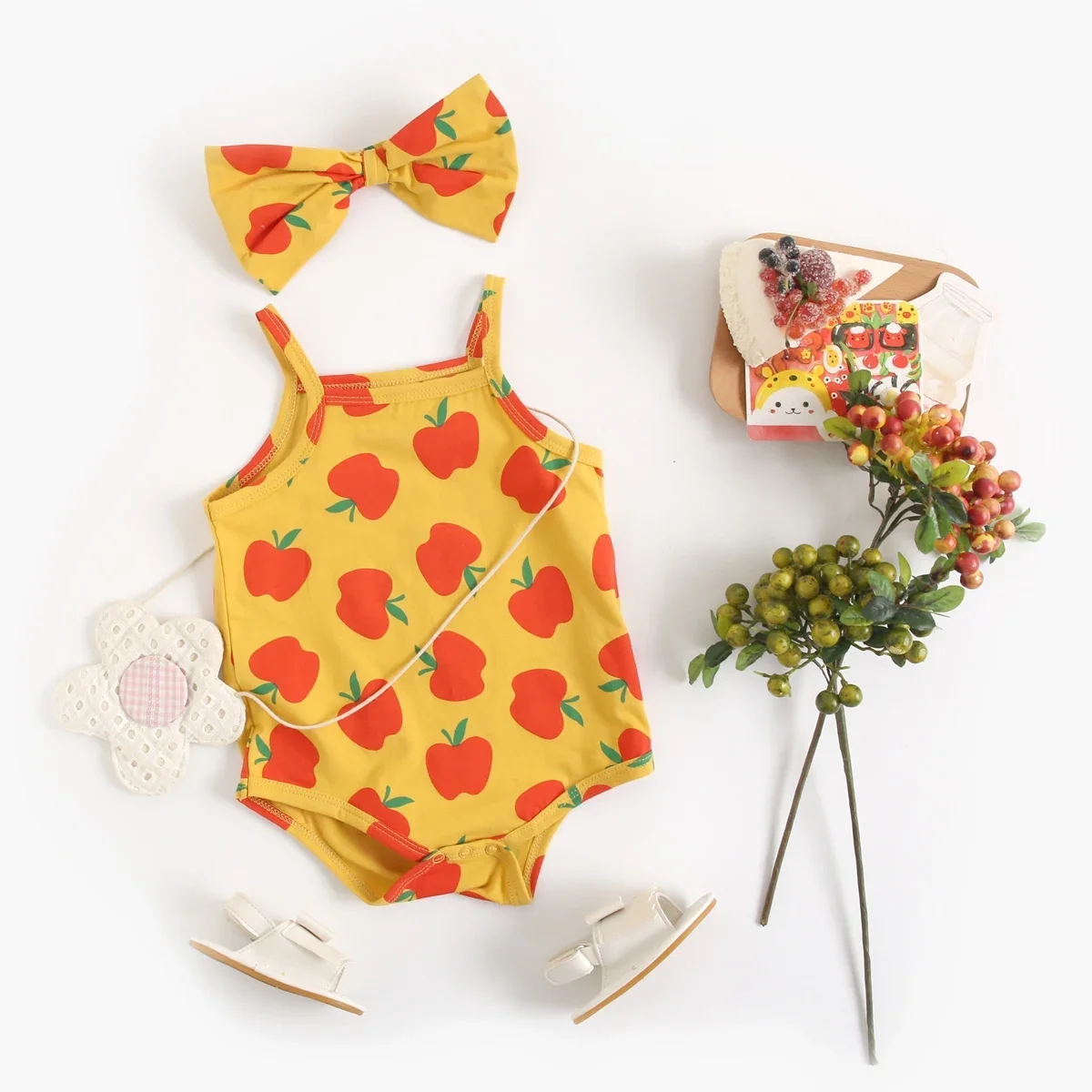 Sommer Baumwolle Säuglings-Mädchenkleidung Apfel-Strampler Baby-Mädchen Bodys mit Stirnband – Detail 2