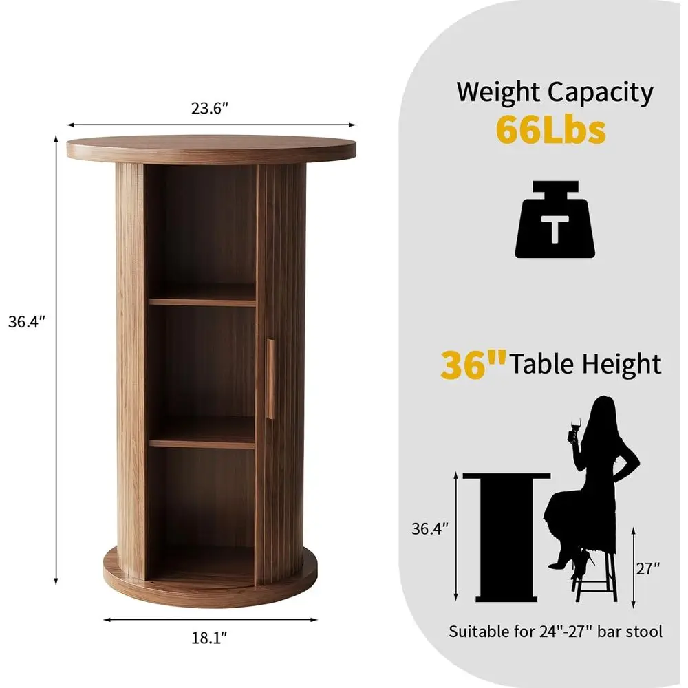 36.4 High Walnut 3-Tier Slide Door Storage Bar Table for Bistro, Cocktail, Dining, Living Room