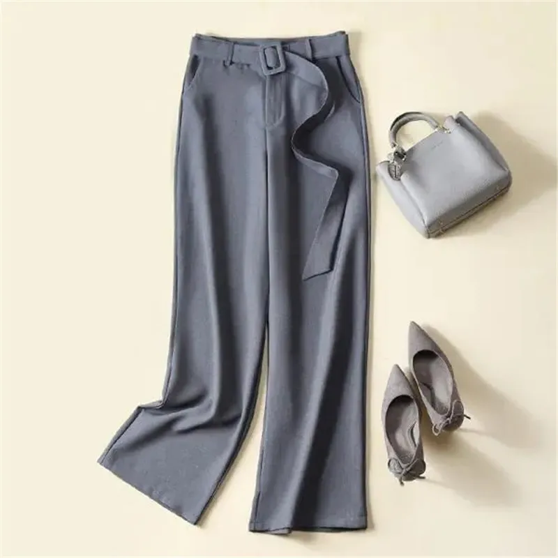 

Women Casual Pants Spring Summer New Korean Fashion Loose Grey Wide Leg Pants Solid High Waist Belt Female Trousers