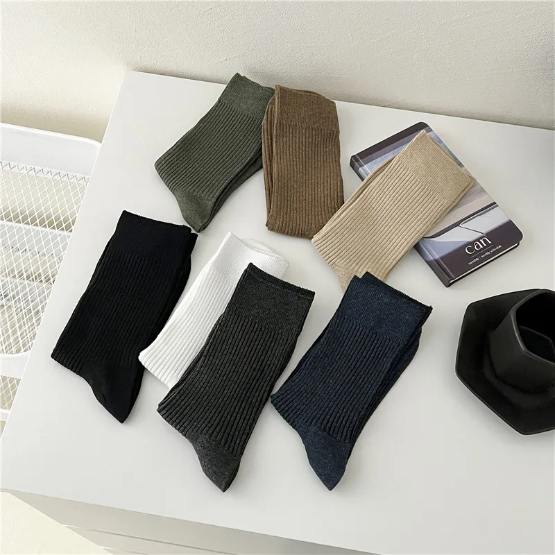 Men\'s Socks High Quality Solid Color Middle Tube Breathable Comfy Crew Socks Plain Soft Japanese Fashion Long Casual Socks Male