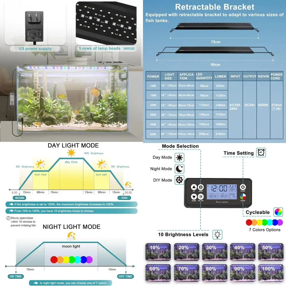 

Водонепроницаемый светодиодный светильник для аквариума 24/7 с таймером, 7 цветов, 10 уровней яркости, регулируемый спектр для аквариумов 30-36 дюймов