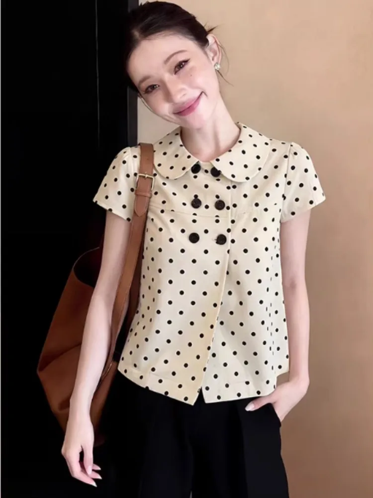 

Женская рубашка с коротким рукавом и воротником в горошек, укороченная модель для ранней весны, высококачественная, тонкая, в корейском стиле, свободного кроя, с пуговицами