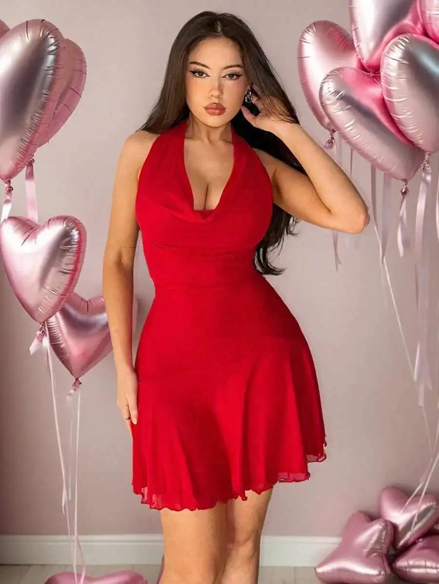 Elegant Red Halter Mini Dress V-Neck Ruched Waist Asymmetrical Hem For Party Festival view 3