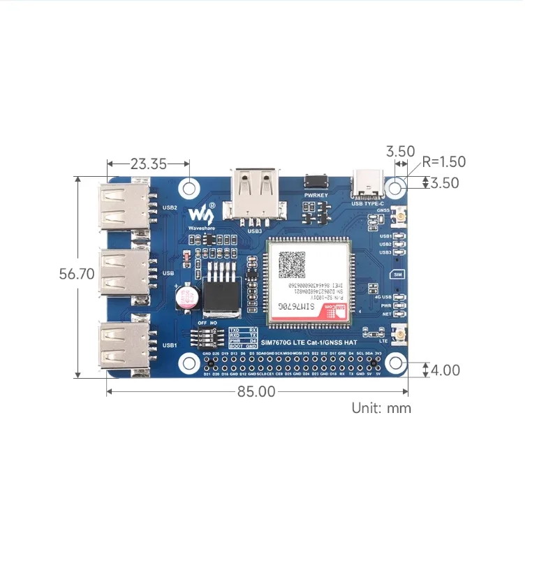 SIMCOM SIM7670G LTE Cat-1/GNSS HAT Expansion for Raspberry Pi Support LTE Cat-1 4G GNSS Positioning Global for Raspberry Pi