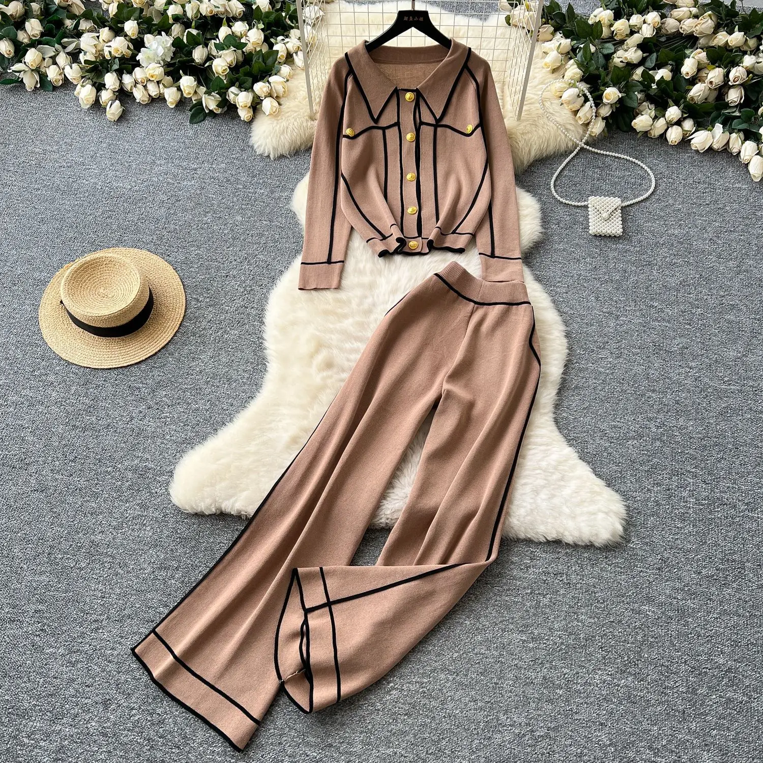 

Knitted Two Piece Sets Pant Set Women Autumn Winter Matching Sets Tops Y2k Streetwear Wide Leg Long Pants High Waist Elegant