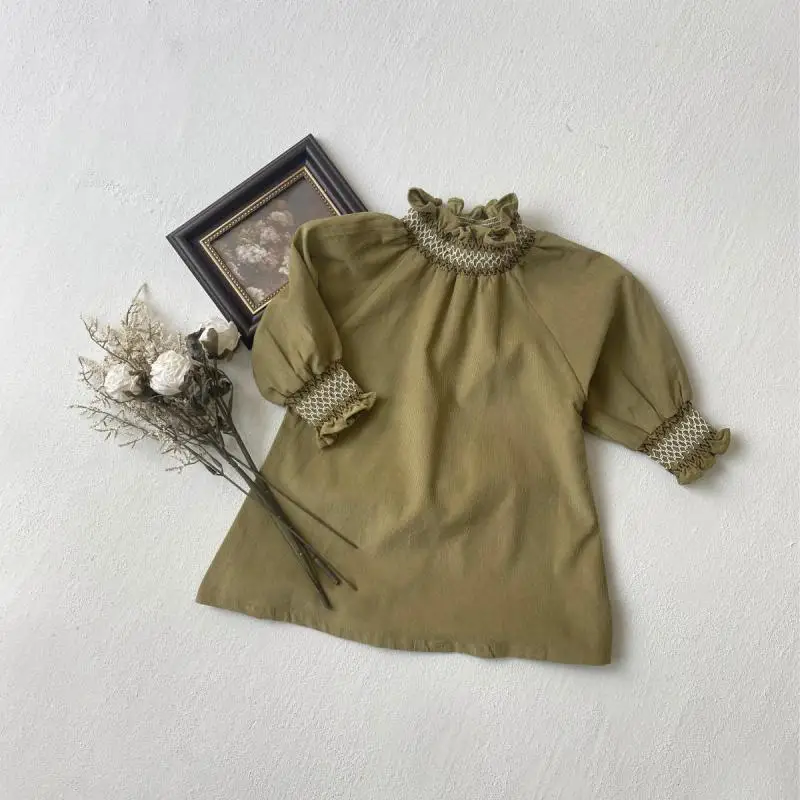 2026 Spring New Baby Girl Long Sleeve Dress Solid Girls Vintage Lace Collar Princess Dress Infant Corduroy Dress Toddler Clothes