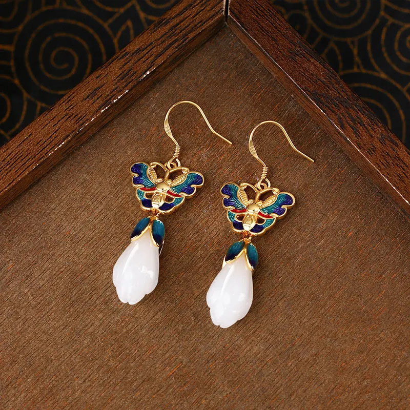 

Серьги из натурального белого нефрита с цветочным узором, резные, с драгоценными камнями, винтажные, дизайнерские, с покрытием из 18-каратного золота, талисманы, подарки для женщин