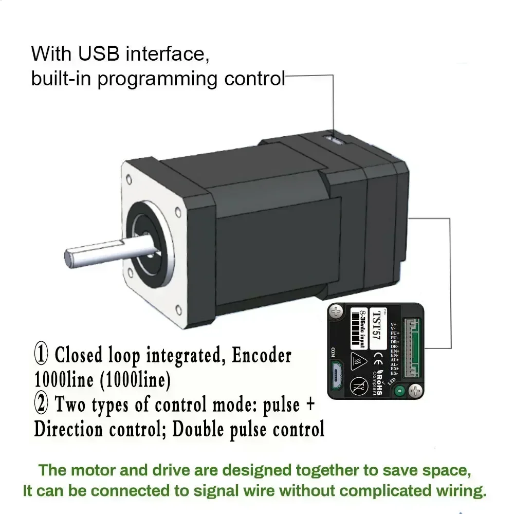 Nema23 57 폐쇄 루프 스테퍼 모터 드라이브 올인원 인코더 하이브리드 8mm 샤프트 57mm 간편한 서보 모터 1000 라인 인코더 DC24-48V