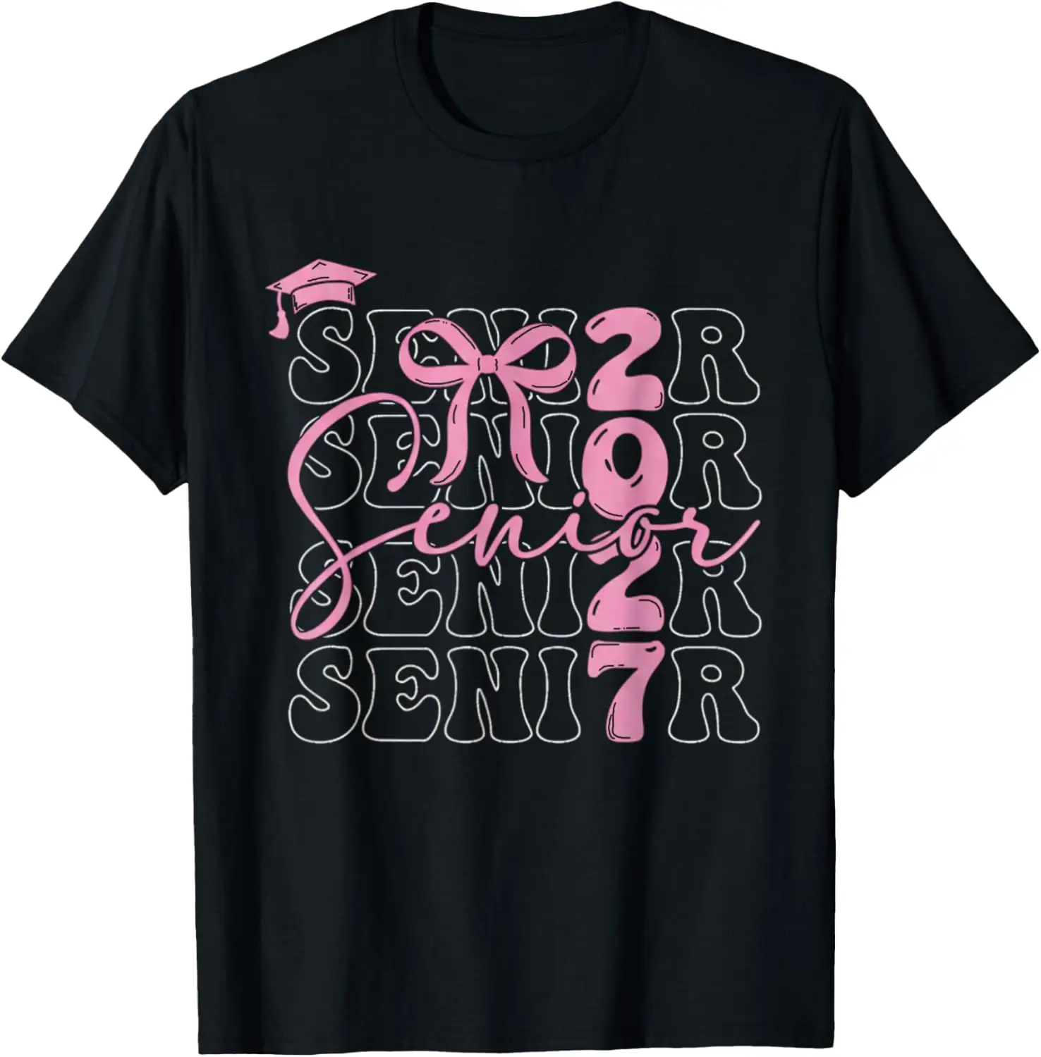 Senior Class Of Coquette Pink Bow Graduation 2027 T-Shirt Summer short-sleeved breathable sweat-wicking versatile fashion T-shirt for back-to-school season, unisex, Y2K Fashionable Cartoon Anime