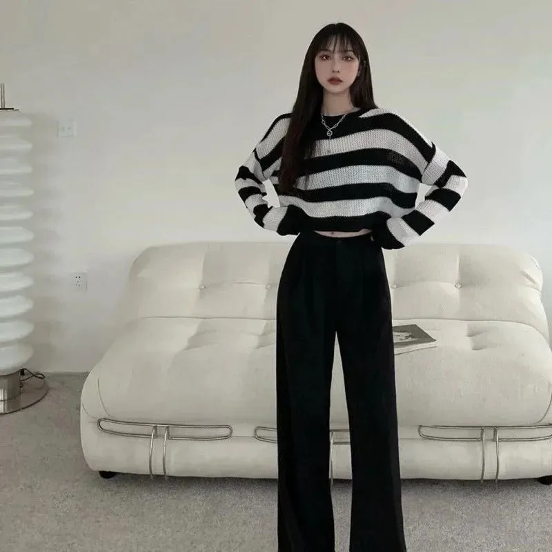 ZMZBCH Korean Style Autumn Striped Cropped Sweater Women Vintage Oversize Knit Jumper Female Long Sleeve O-neck Pullovers Tops