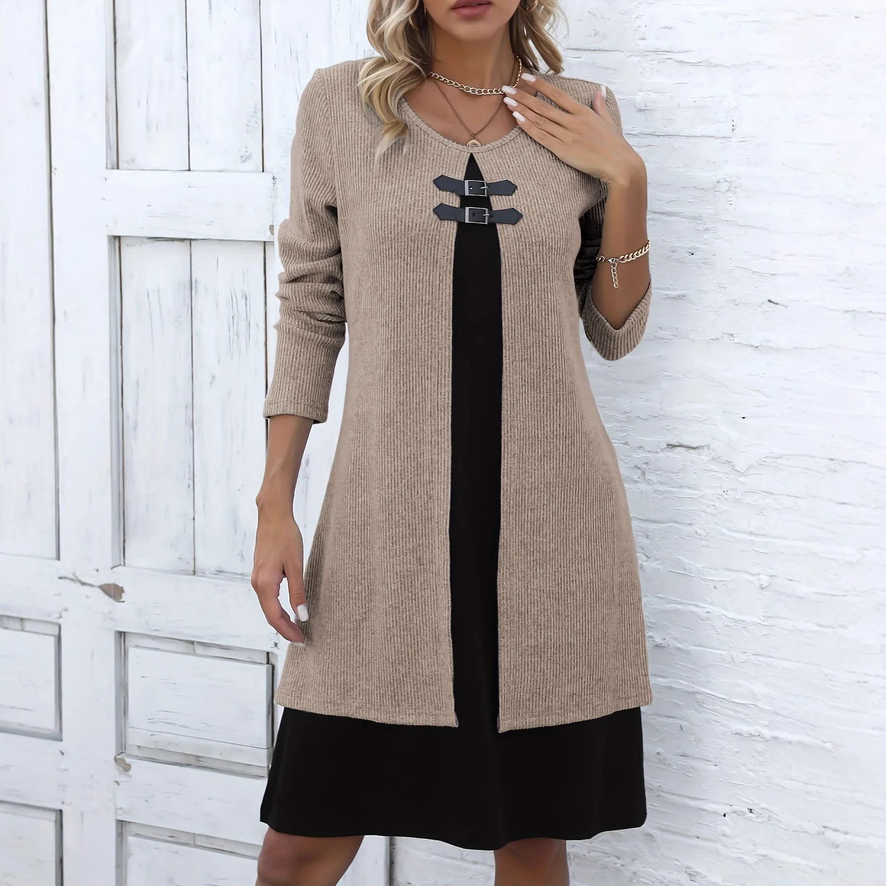 Robe deux pièces élégante à blocs de couleurs, mode automne hiver, Style européen, boutons sur le devant, coupe cintrée, manches longues, robes de bureau décontractées