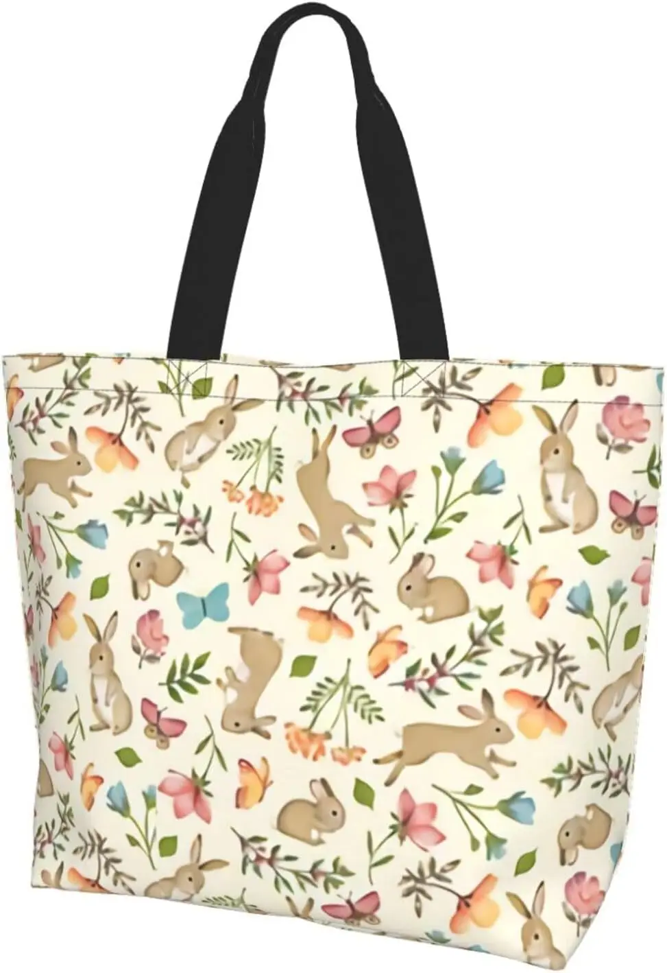 Cute Easter Bunny Floral Butterfly Tote Bag Casual Reusable Shoulder Shopping Grocery Bags for Women Men Spring Fashion