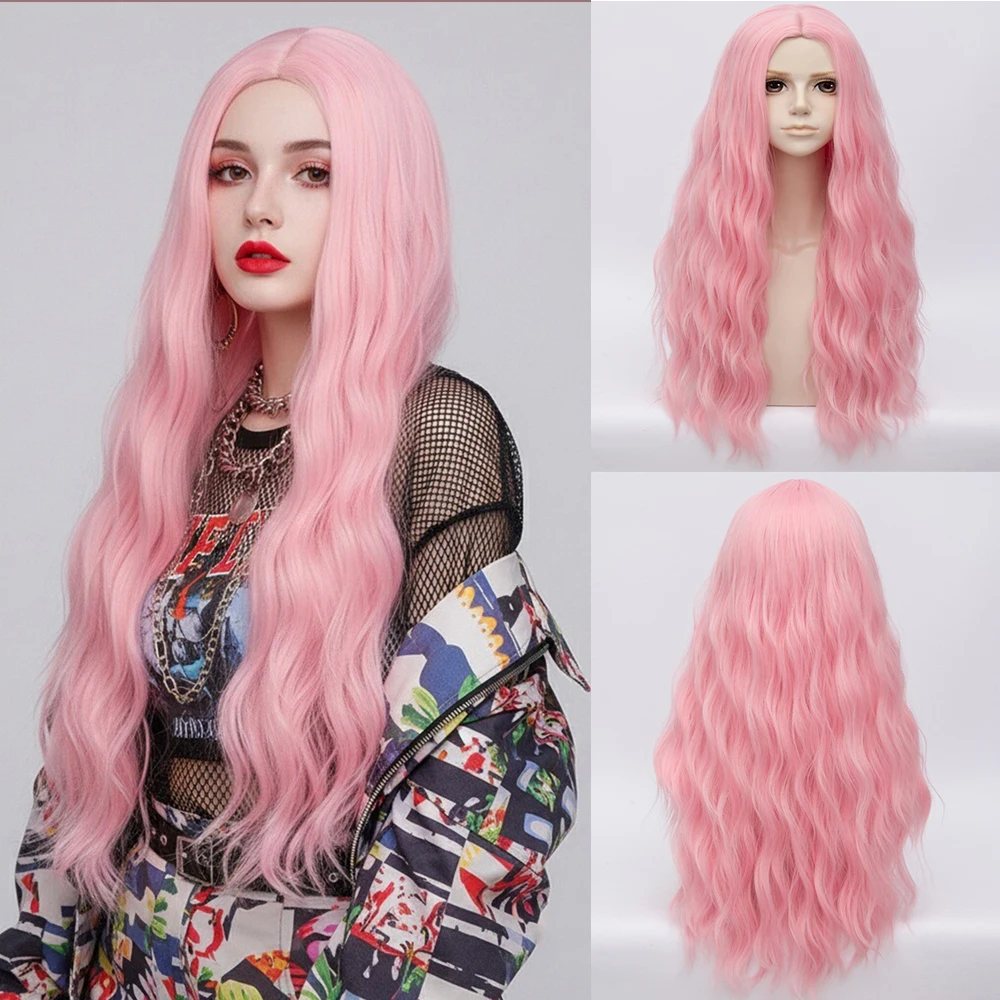 

Длинный волнистый синтетический розовый парик с центральным пробором и челкой — идеально подходит для образа Лолиты и косплея, аниме-вечеринок, искусственные волосы