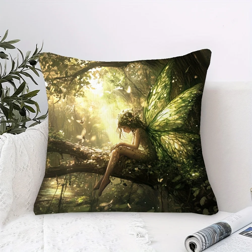 1pc Forest Fairy Pillow Cover, Polyester 2D Double-Sided Print, Enchanted Green Winged Fairy Art, Fantasy Lover Home & Car Decor