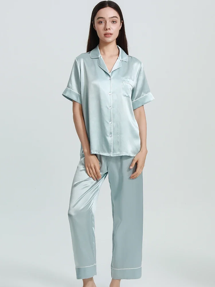 

22 мм 100% шелковая шелковая повседневная пижама с короткими рукавами, топ с лацканами и брюки на пуговицах, женская одежда для сна, комплект для отдыха, ночная рубашка, пижама