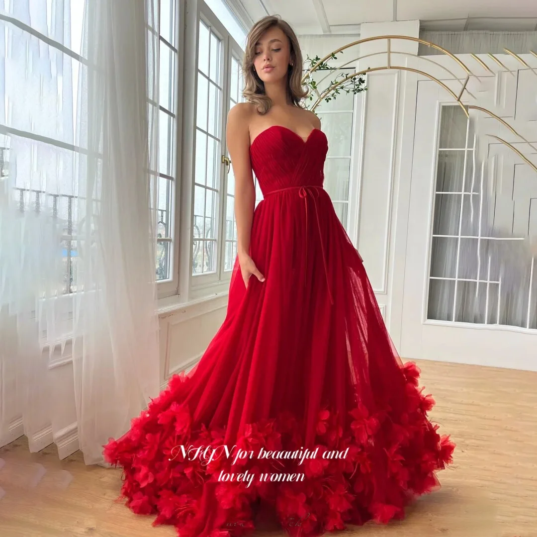 

NFYN Red Princess Dress 3D Flowers Prom Dress with Bow Belt Party Dress Elegant Evening Dress مناسبة رسمية Customized