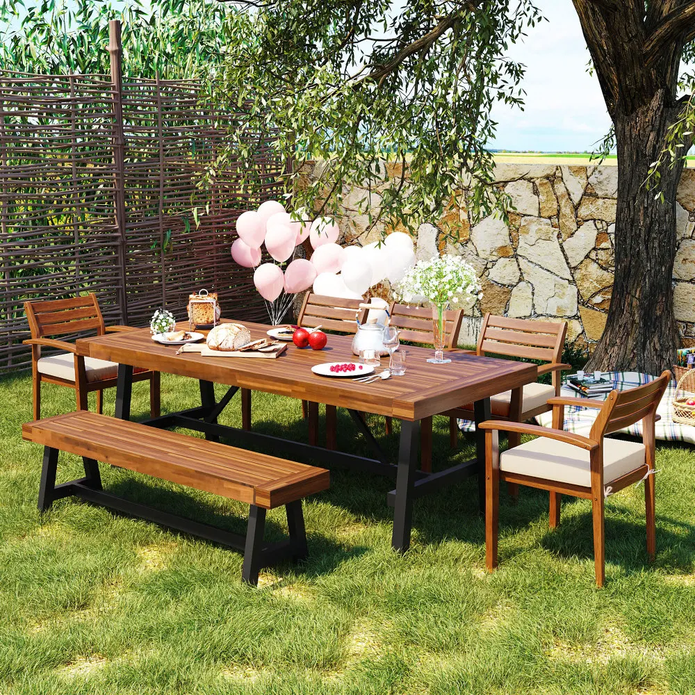 

Outdoor Wood Dining Set For 7-8 Person, Outdoor Dining Furniture With Removable Cushions, Ergonomic Chairs And Bench, Table