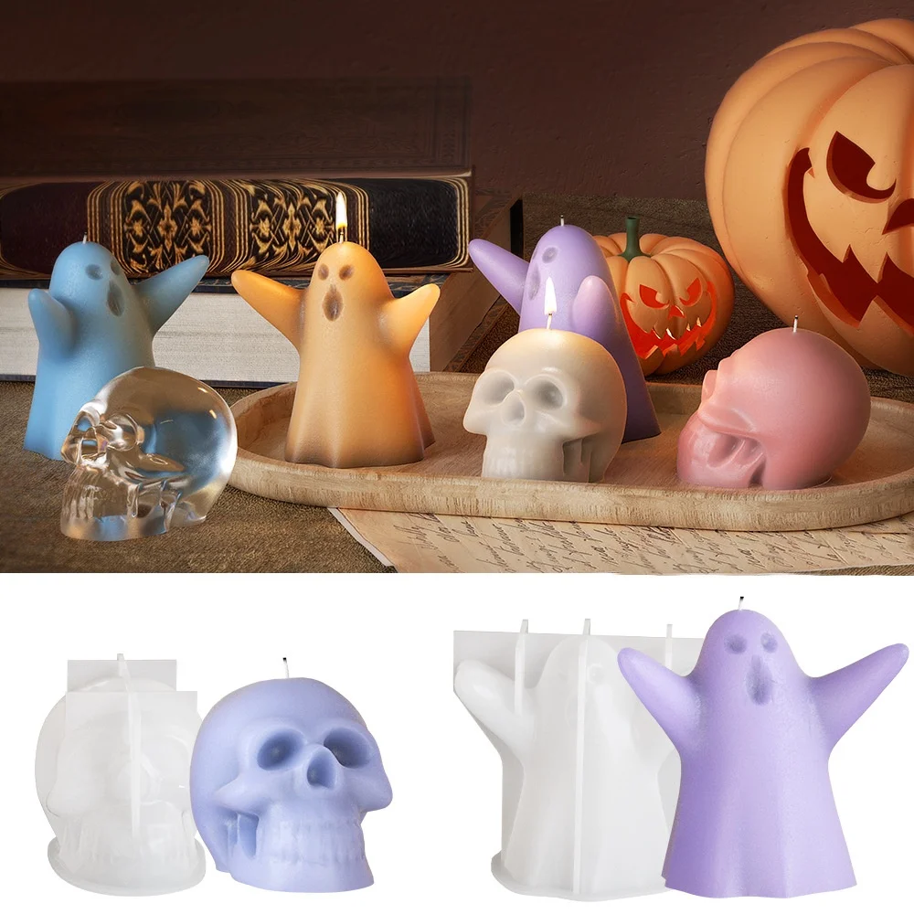 Halloween Ghost Candle Silicone Mold DIY 3D Scented Candle Making Wax Mould Skull Keychain Pendants Gypsum Ornament Resin Mold