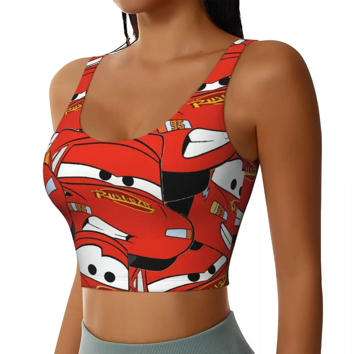 Custom Lightning McQueen Collage Cartoon Sports Bra Women High Impact Workout Yoga Crop Top