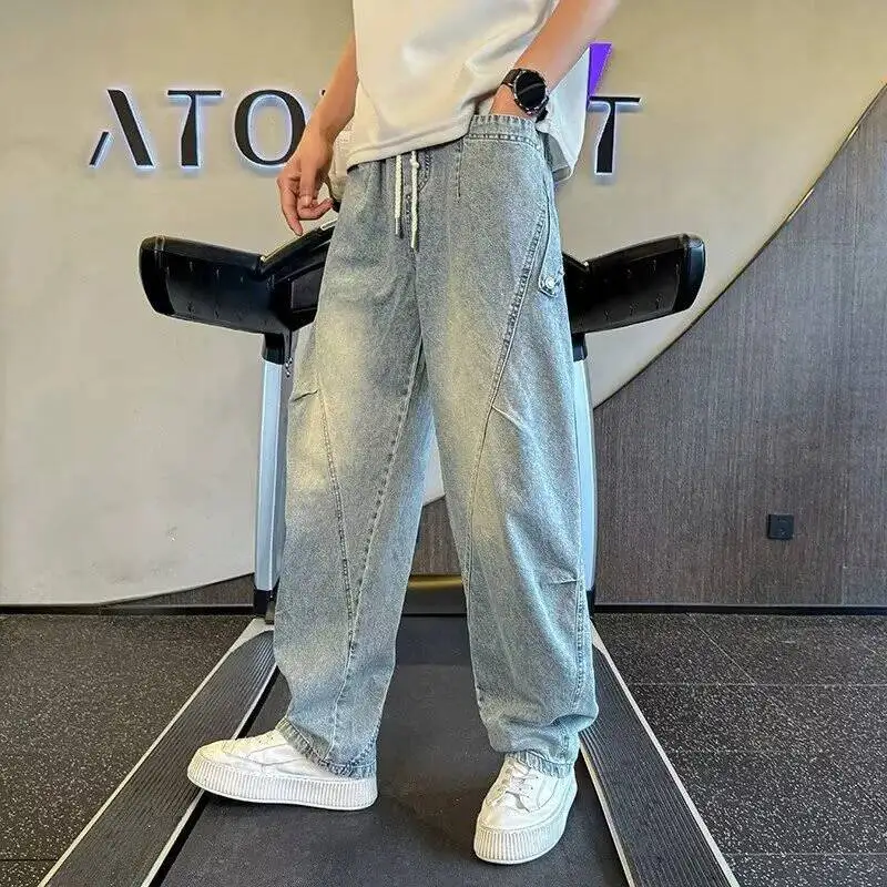 American-style Washed Drawstring Men's Jeans 2026 Autumn New Trendy Loose Straight-leg Wide-leg Casual Denim Pants CD35