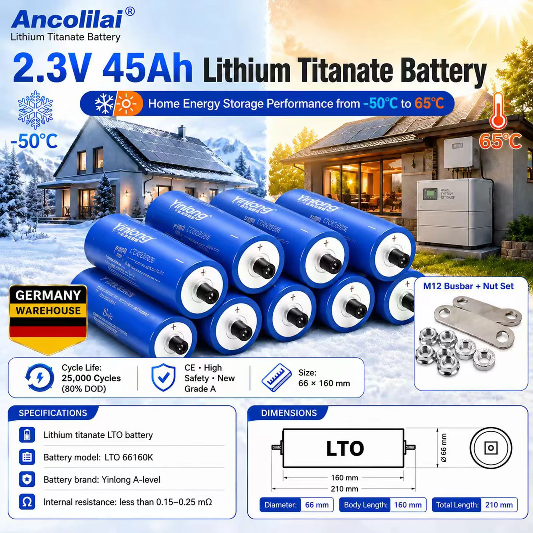 Cella batteria al litio titanato Yinlong LTO 66160K, 2,3V nominale 45Ah, per assemblaggio pacchi di accumulo solare, durata 30.000 cicli al 80% DOD, con connettore e dado M12, intervallo di