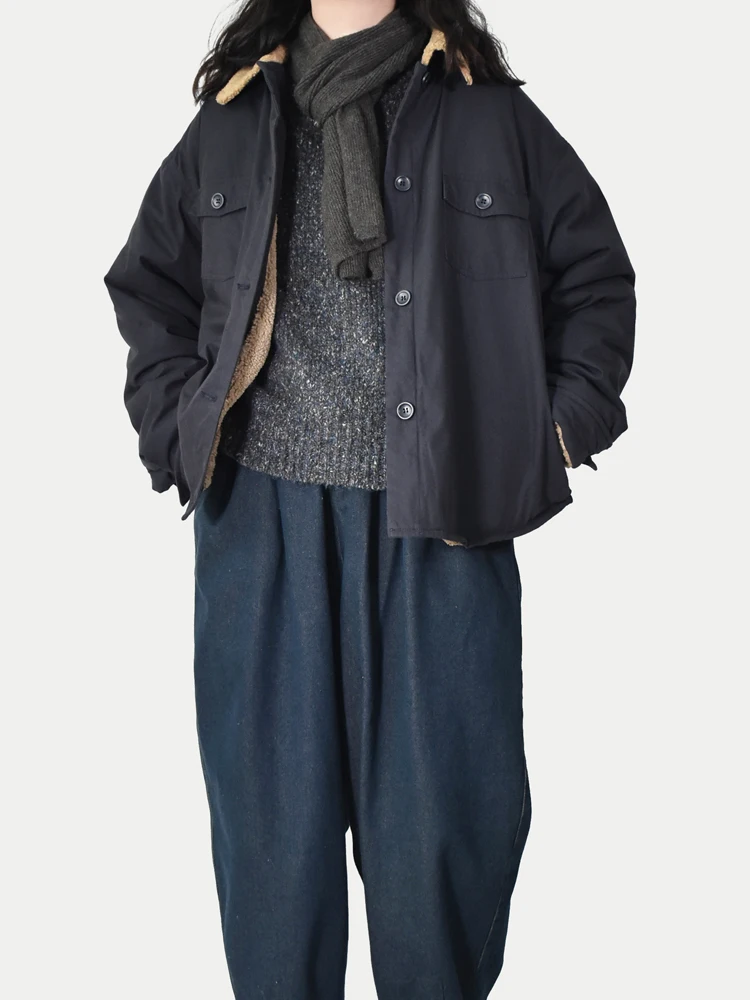 

Blue Fce Lined Jaet Street Sle Loose Fit Long Sve Double ket Warm Cotton Coat with Fur Collar for Autumn Winter