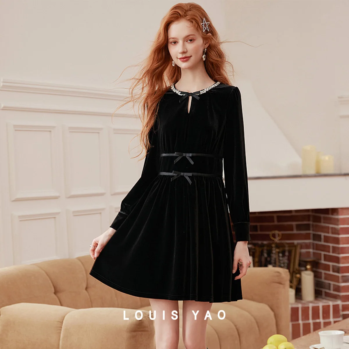 

LOUIS YAO Bow Black Skirt 2025 Autumn Long Sleeve Dress Non Elastic Round Neck Slim Fit Bead Chain Splicing Women's Dress